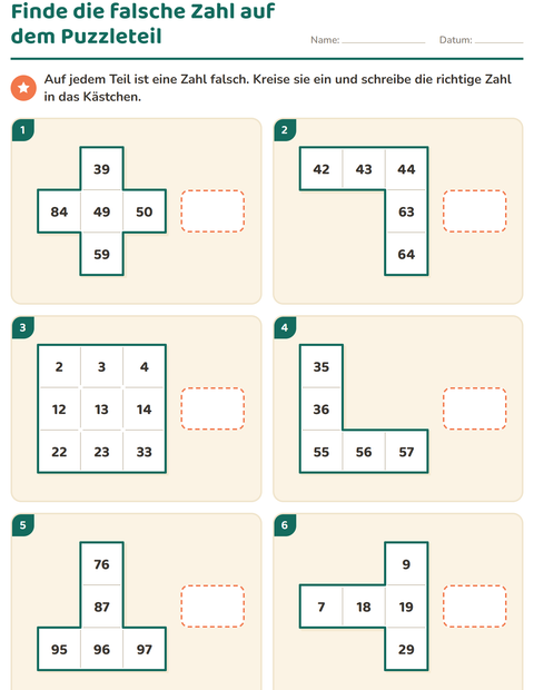 Vorschau: Hundertertafel-Puzzle-Arbeitsblatt für 1. Klasse