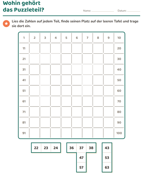 Vorschau: Hundertertafel-Puzzle-Arbeitsblatt für 1. Klasse