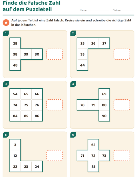 Vorschau: Hundertertafel-Puzzle-Arbeitsblatt für 1. Klasse