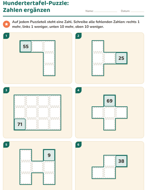 Vorschau: Hundertertafel-Puzzle-Arbeitsblatt für 1. Klasse