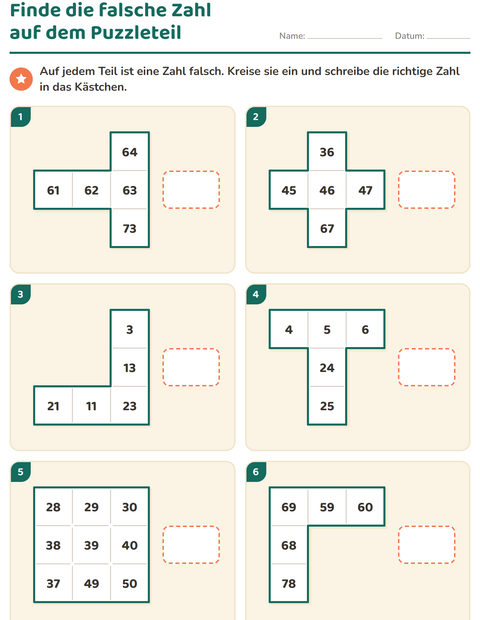 Vorschau: Hundertertafel-Puzzle-Arbeitsblatt für 1. Klasse