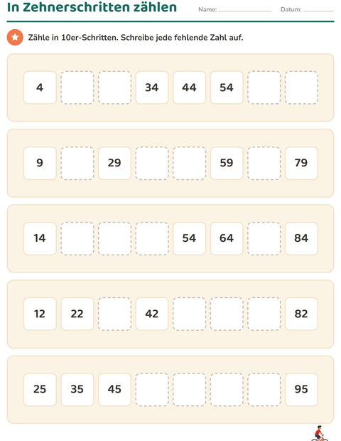 Vorschau: Hundertertafel-Arbeitsblatt mit Aktivitäten für 1. Klasse