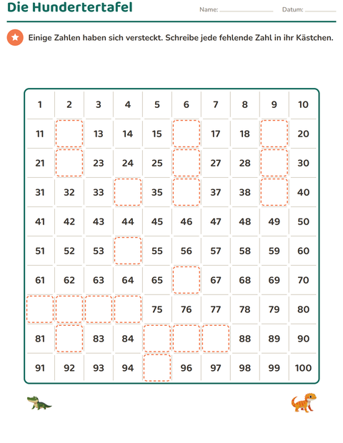 Vorschau: Hundertertafel-Arbeitsblatt mit Reptilien und Amphibien für 1. Klasse