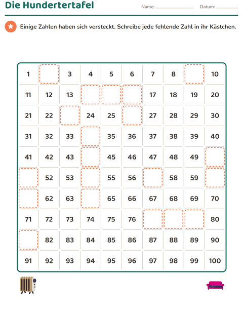 Vorschau: Hundertertafel-Arbeitsblatt mit Rund ums Haus für 1. Klasse