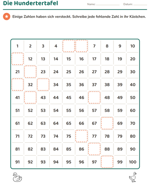 Vorschau: Hundertertafel-Arbeitsblatt mit Vögel SW 2 für 1. Klasse