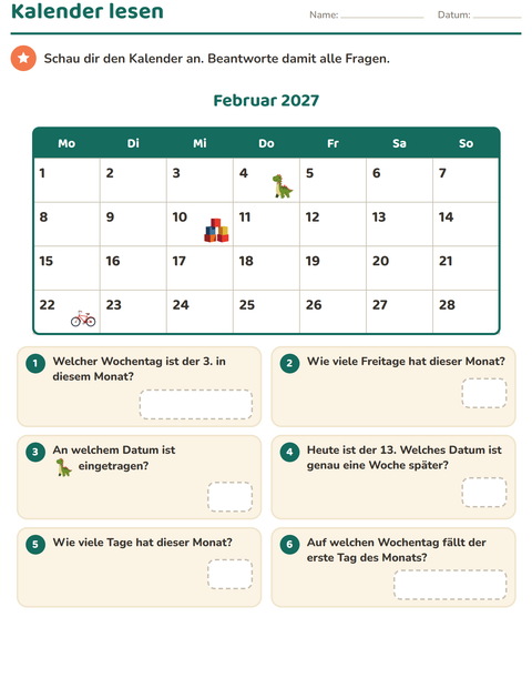 Vorschau: Kalender-Arbeitsblatt für 2. Klasse