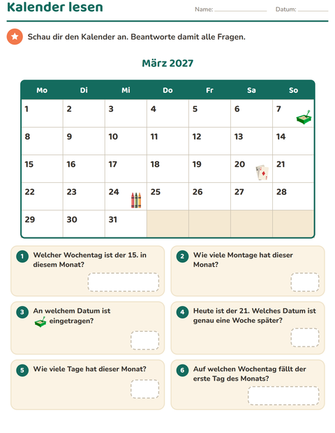Kalender lesen – Wochentage, Datum und Wochen im Monatsblatt finden