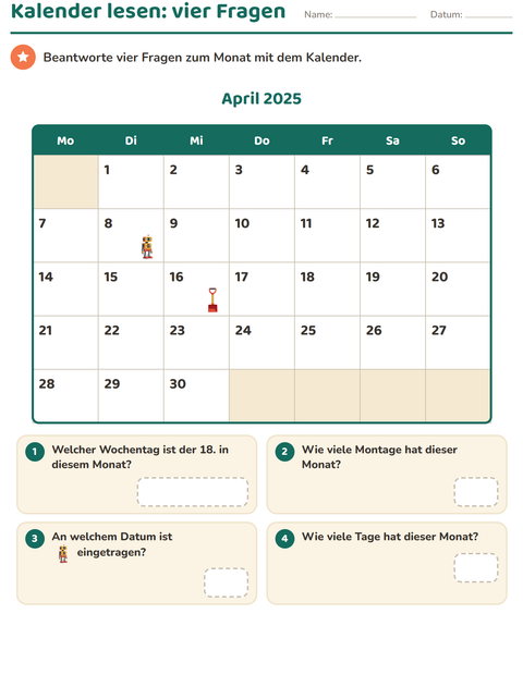 Vorschau: Kalender-Arbeitsblatt für 2. Klasse
