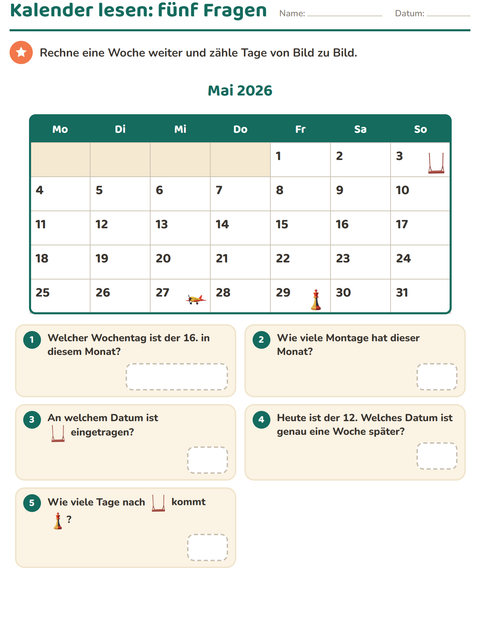 Vorschau: Kalender-Arbeitsblatt für 2. Klasse