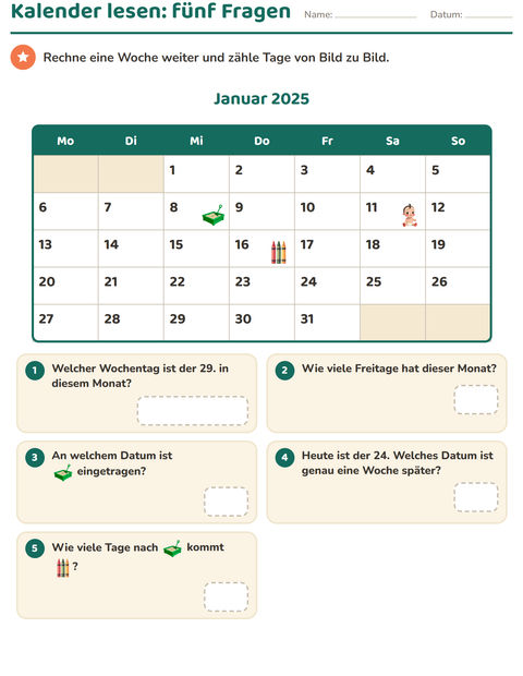 Vorschau: Kalender-Arbeitsblatt für 2. Klasse