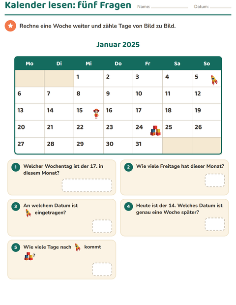 Vorschau: Kalender-Arbeitsblatt für 2. Klasse