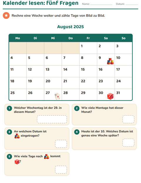 Kalender lesen: ein Monat über sechs Wochen – sechs Fragen