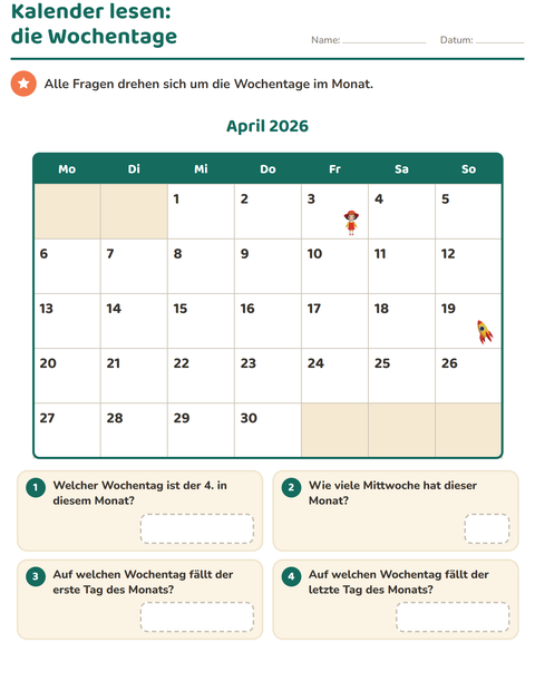Vorschau: Kalender-Arbeitsblatt für 2. Klasse