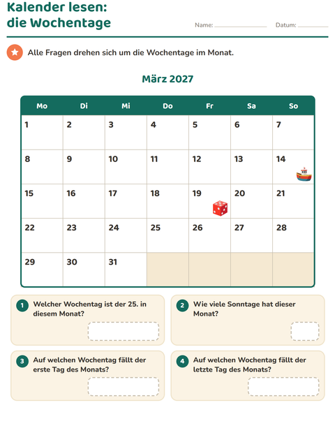 Vorschau: Kalender-Arbeitsblatt für 2. Klasse