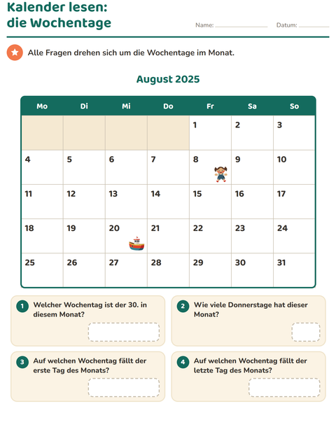 Vorschau: Kalender-Arbeitsblatt für 2. Klasse