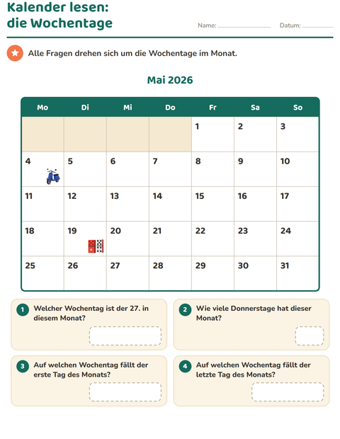 Vorschau: Kalender-Arbeitsblatt für 2. Klasse