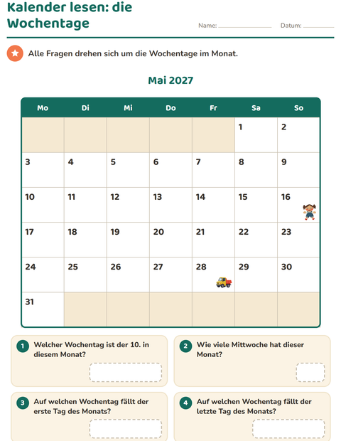 Vorschau: Wochentage im Kalender finden – vier Fragen zu den Spalten
