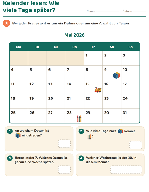 Vorschau: Kalender-Arbeitsblatt für 2. Klasse