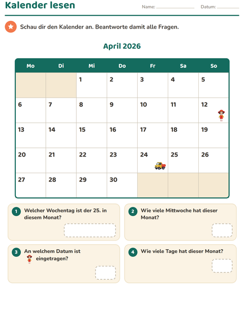 Vorschau: Kalender-Arbeitsblatt für 2. Klasse
