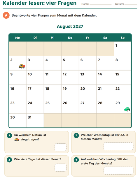 Vorschau: Kalender-Arbeitsblatt für 2. Klasse