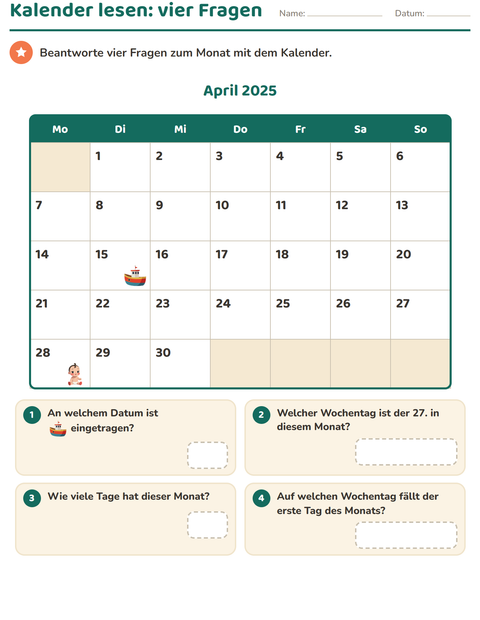 Vorschau: Kalender-Arbeitsblatt für 2. Klasse