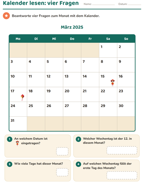 Vorschau: Kalender-Arbeitsblatt für 2. Klasse