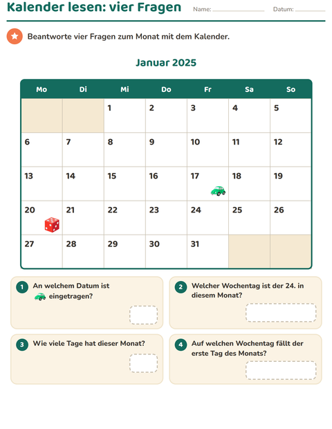 Vorschau: Kalender-Arbeitsblatt für 2. Klasse