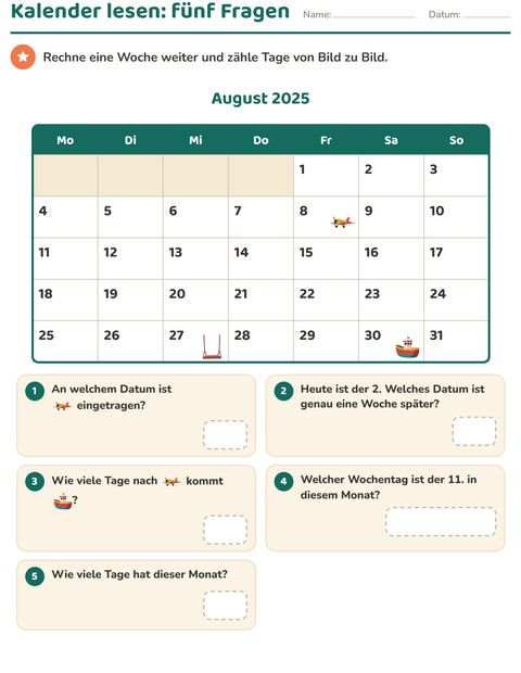 Vorschau: Kalender-Arbeitsblatt für 2. Klasse