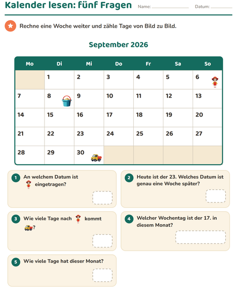 Vorschau: Kalender-Arbeitsblatt für 2. Klasse