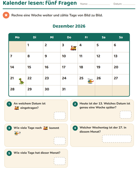 Vorschau: Kalender-Arbeitsblatt für 2. Klasse