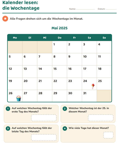Vorschau: Kalender-Arbeitsblatt für 2. Klasse