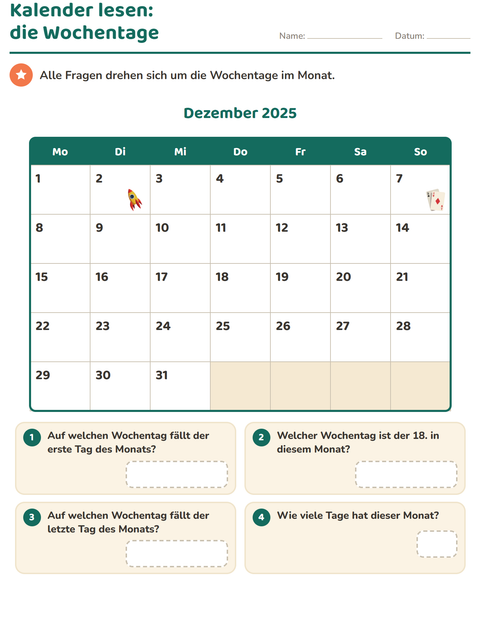 Vorschau: Kalender-Arbeitsblatt für 2. Klasse