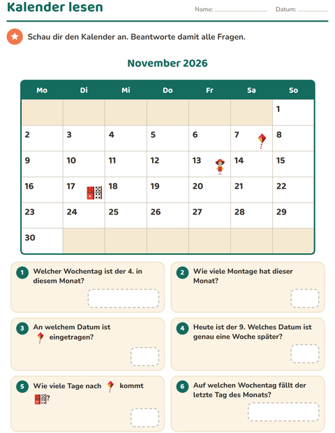 Vorschau: Kalender-Arbeitsblatt für 2. Klasse
