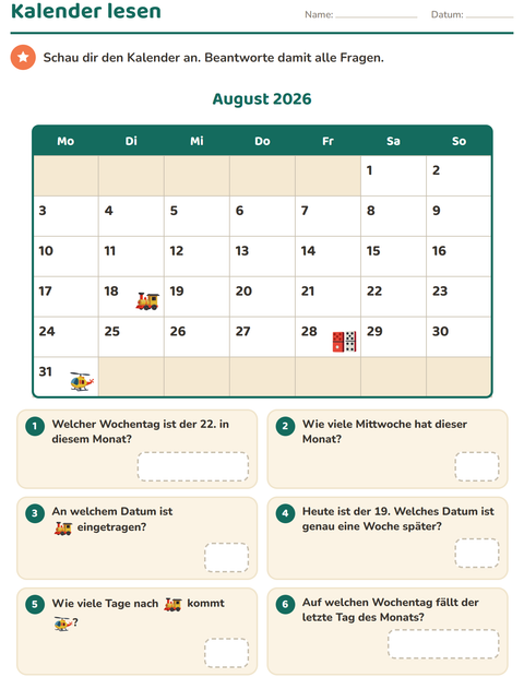 Vorschau: Kalender-Arbeitsblatt für 2. Klasse