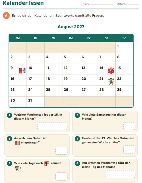 Vorschau: Kalender-Arbeitsblatt für 2. Klasse