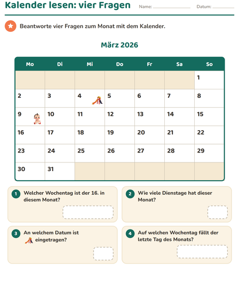 Vorschau: Kalender-Arbeitsblatt für 2. Klasse