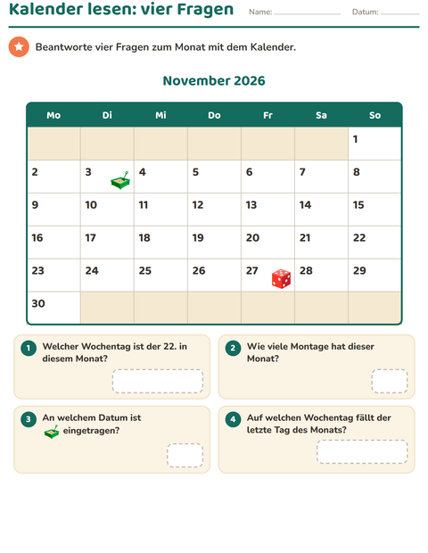 Vorschau: Kalender-Arbeitsblatt für 2. Klasse