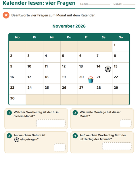 Vorschau: Kalender-Arbeitsblatt für 2. Klasse