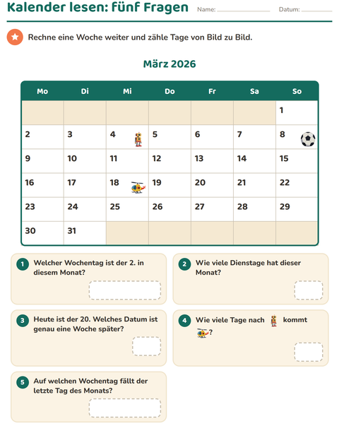 Vorschau: Kalender-Arbeitsblatt für 2. Klasse