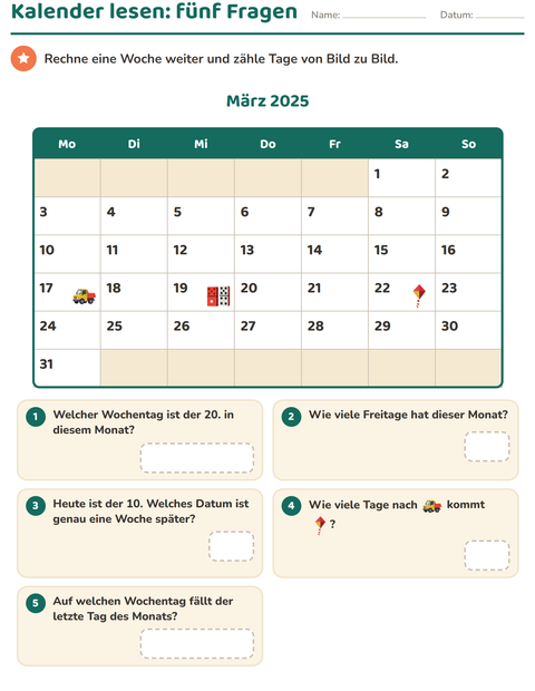 Vorschau: Kalender-Arbeitsblatt für 2. Klasse