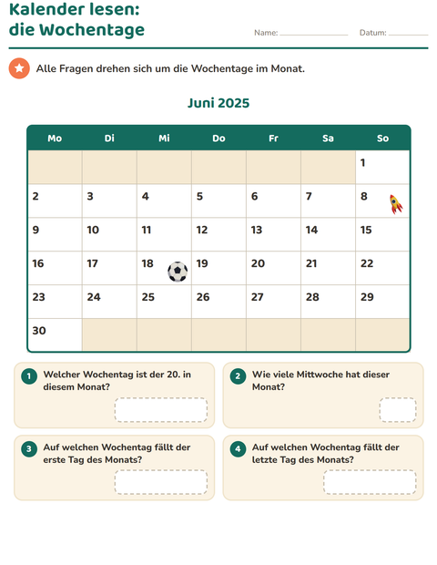 Vorschau: Kalender-Arbeitsblatt für 2. Klasse