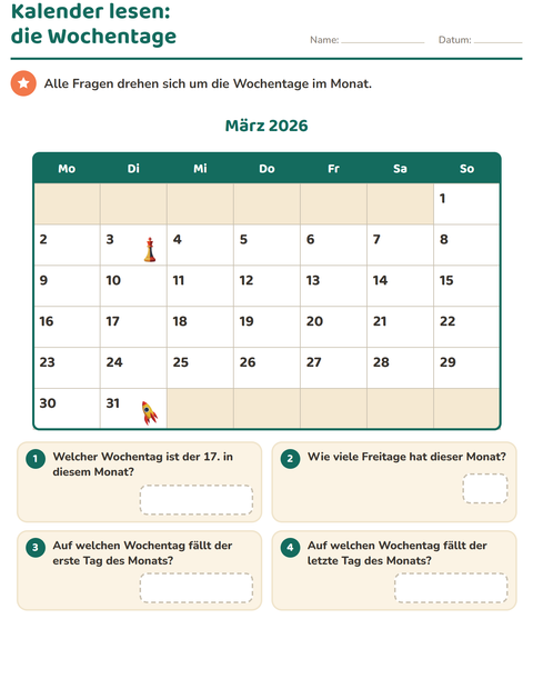 Vorschau: Kalender-Arbeitsblatt für 2. Klasse