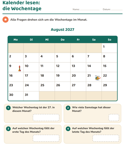 Vorschau: Kalender-Arbeitsblatt für 2. Klasse