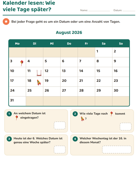 Vorschau: Kalender-Arbeitsblatt für 2. Klasse