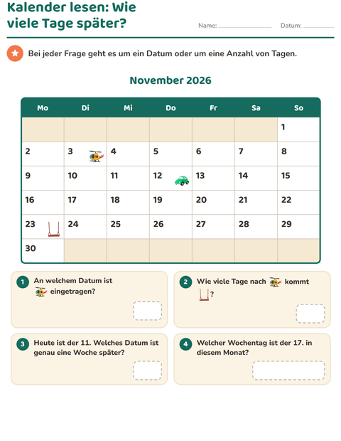 Vorschau: Kalender-Arbeitsblatt für 2. Klasse