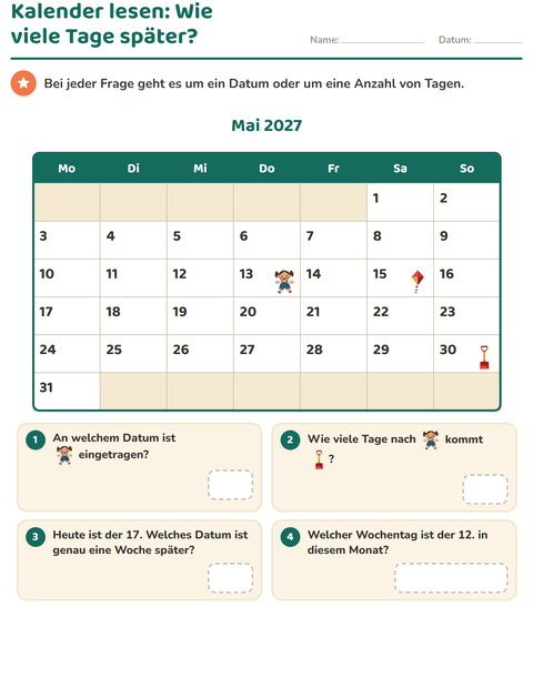 Vorschau: Kalender-Arbeitsblatt für 2. Klasse