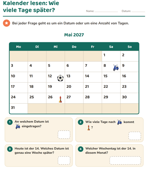 Vorschau: Kalender-Arbeitsblatt für 2. Klasse