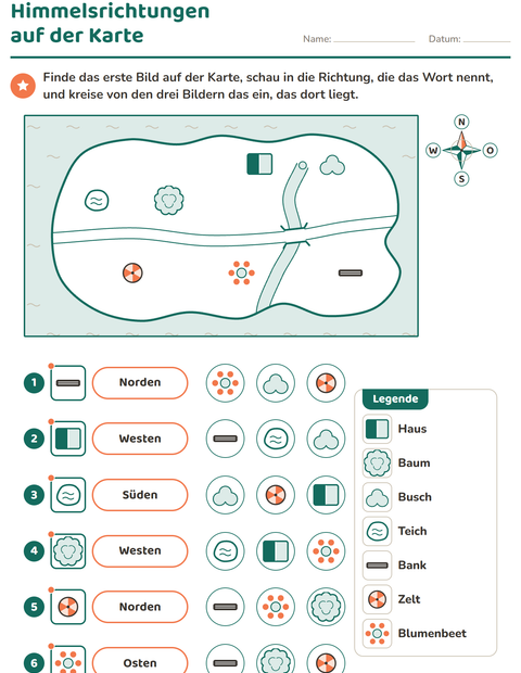 Vorschau: Karten und Himmelsrichtungen-Arbeitsblatt für 2. Klasse