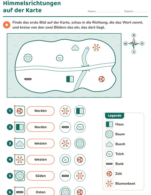 Vorschau: Karten und Himmelsrichtungen-Arbeitsblatt für 2. Klasse