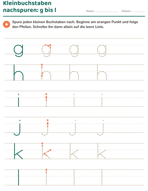 Kleinbuchstaben g bis l nachspuren